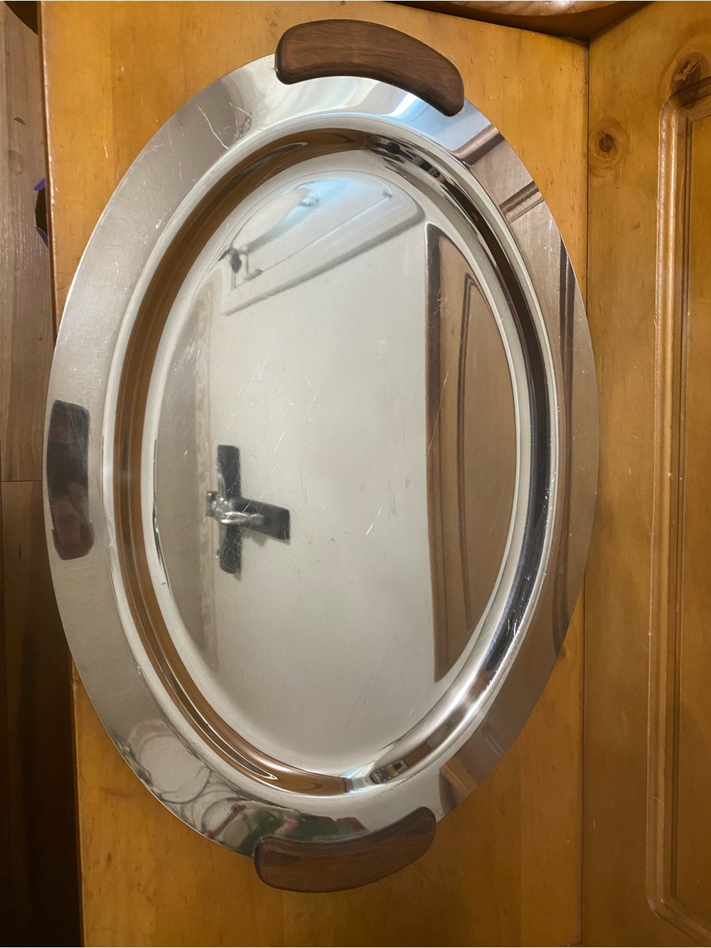 Mid century Oval Stainless Serving Tray with Wood Handles 22”x15”